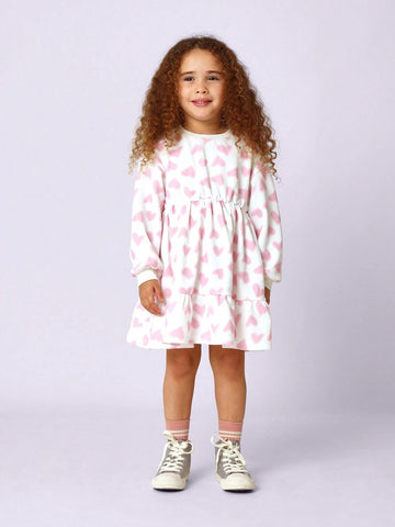 Young Girls Comfy Love Heart Printed Crinkle Dress Young Girls Comfy Love Heart Printed Crinkle Dress