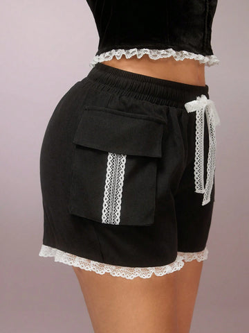 SURIMA Women Lace Patchwork Floral Tie Front Shorts Casual Vacation SURIMA Women Lace Patchwork Floral Tie Front Shorts Casual Vacation