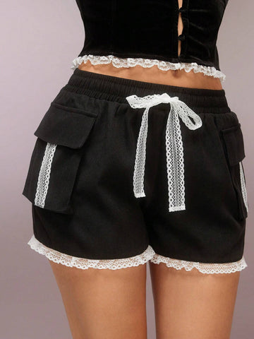SURIMA Women Lace Patchwork Floral Tie Front Shorts Casual Vacation SURIMA Women Lace Patchwork Floral Tie Front Shorts Casual Vacation