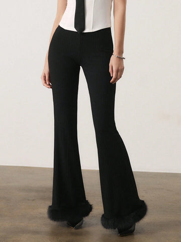SURIMA Women's Solid Color Flared Leg Pants With Raw Hem Design, Elegant SURIMA Women's Solid Color Flared Leg Pants With Raw Hem Design, Elegant