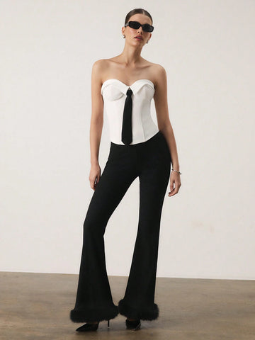 SURIMA Women's Solid Color Flared Leg Pants With Raw Hem Design, Elegant SURIMA Women's Solid Color Flared Leg Pants With Raw Hem Design, Elegant