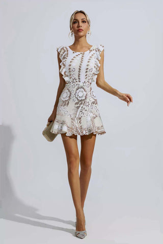Sarai White Ruffle Floral Cutout Mini Dress Sarai White Ruffle Floral Cutout Mini Dress