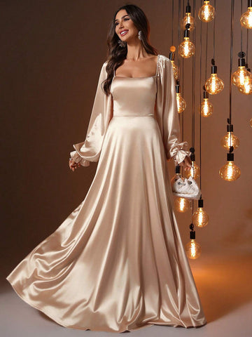 Satin Square Neck Tie Long Sleeve Party Dress Satin Square Neck Tie Long Sleeve Party Dress