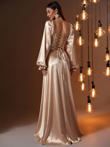 Satin Square Neck Tie Long Sleeve Party Dress Satin Square Neck Tie Long Sleeve Party Dress