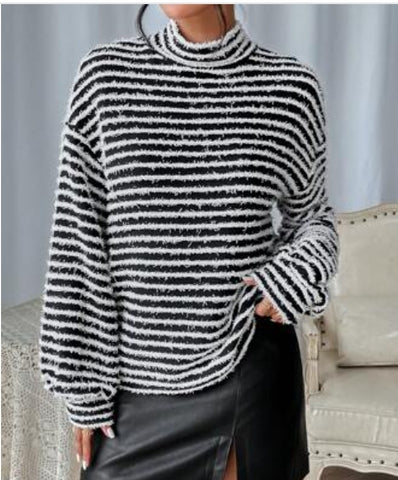 Striped Pattern Mock Neck Drop Shoulder Tee Striped Pattern Mock Neck Drop Shoulder Tee