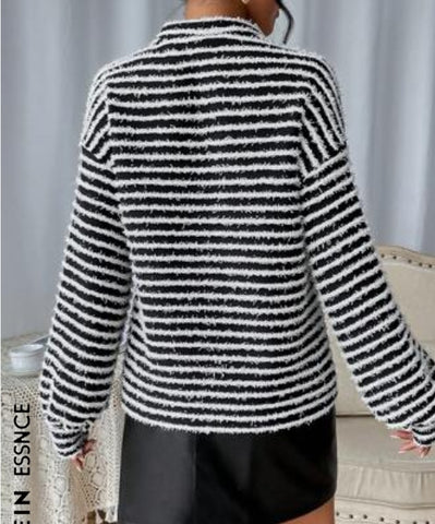 Striped Pattern Mock Neck Drop Shoulder Tee Striped Pattern Mock Neck Drop Shoulder Tee