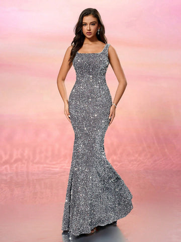 Sequin Square Neckline Bodycon Party Dress, Sexy Backless Evening Gown Sequin Square Neckline Bodycon Party Dress, Sexy Backless Evening Gown