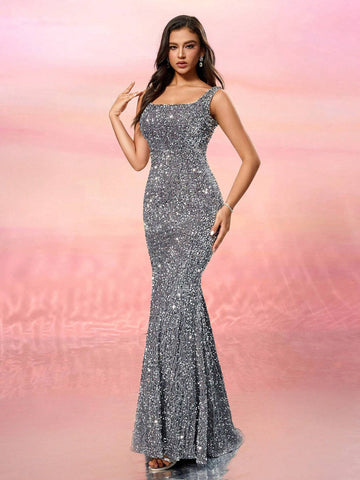 Sequin Square Neckline Bodycon Party Dress, Sexy Backless Evening Gown Sequin Square Neckline Bodycon Party Dress, Sexy Backless Evening Gown