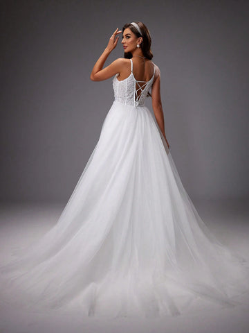 Sequined 3d Flower Embroidered Mesh Patchwork Cami Gown For Wedding Sequined 3d Flower Embroidered Mesh Patchwork Cami Gown For Wedding