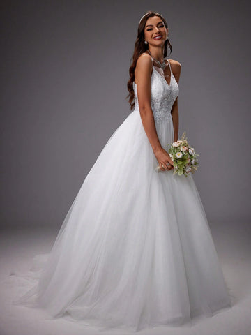 Sequined 3d Flower Embroidered Mesh Patchwork Cami Gown For Wedding Sequined 3d Flower Embroidered Mesh Patchwork Cami Gown For Wedding