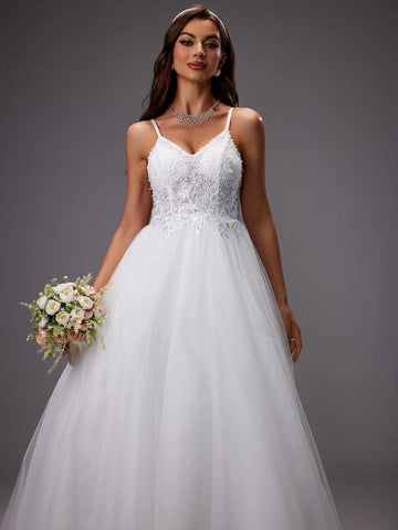 Sequined 3d Flower Embroidered Mesh Patchwork Cami Gown For Wedding Sequined 3d Flower Embroidered Mesh Patchwork Cami Gown For Wedding