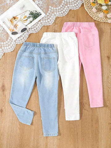 Set Of 3 Basic And Versatile Casual Ripped Skinny Jeans With Elastic Waistband For Young Girls Set Of 3 Basic And Versatile Casual Ripped Skinny Jeans With Elastic Waistband For Young Girls