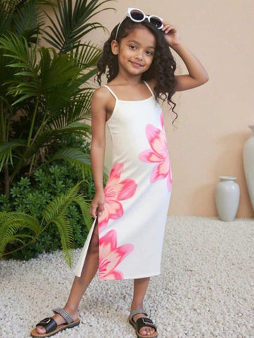 Seven Princess Young Girl's Summer New Floral Print Spaghetti Strap Slit Dress Seven Princess Young Girl's Summer New Floral Print Spaghetti Strap Slit Dress
