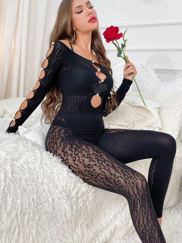 Sexy Leopard Print Mesh Jumpsuit With Long Sleeves Sexy Leopard Print Mesh Jumpsuit With Long Sleeves