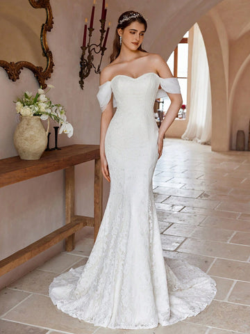 Sexy Off-Shoulder Unique Sleeve Mermaid Wedding Dress With Elegant Lace Fabric For Bridal Gown Sexy Off-Shoulder Unique Sleeve Mermaid Wedding Dress With Elegant Lace Fabric For Bridal Gown