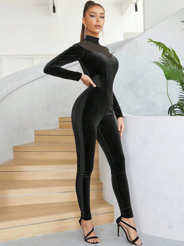 Sexy Retro Contrast Mesh Velvet Long Sleeve Slim-Fit Unitards Woman Sexy Retro Contrast Mesh Velvet Long Sleeve Slim-Fit Unitards Woman