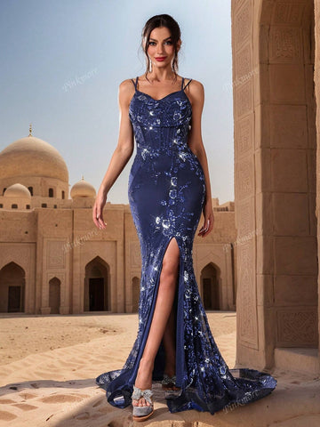 Sexy Ruched Bustier With Back Tie Sequins Navy Blue Spaghetti Straps Split Floor-Length Mermaid Long Evening Dress Sexy Ruched Bustier With Back Tie Sequins Navy Blue Spaghetti Straps Split Floor-Length Mermaid Long Evening Dress