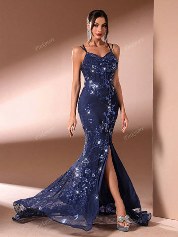 Sexy Ruched Bustier With Back Tie Sequins Navy Blue Spaghetti Straps Split Floor-Length Mermaid Long Evening Dress Sexy Ruched Bustier With Back Tie Sequins Navy Blue Spaghetti Straps Split Floor-Length Mermaid Long Evening Dress