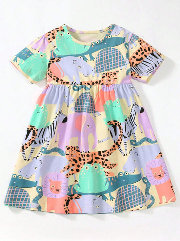 Short Sleeve Cartoon Animal Pattern Casual Comfy European & American Style Beach Princess Dress For Young Girls, 2-7 Years Old Short Sleeve Cartoon Animal Pattern Casual Comfy European & American Style Beach Princess Dress For Young Girls, 2-7 Years Old