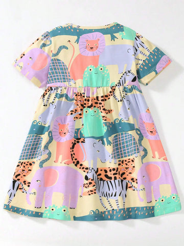 Short Sleeve Cartoon Animal Pattern Casual Comfy European & American Style Beach Princess Dress For Young Girls, 2-7 Years Old Short Sleeve Cartoon Animal Pattern Casual Comfy European & American Style Beach Princess Dress For Young Girls, 2-7 Years Old