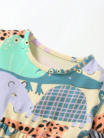 Short Sleeve Cartoon Animal Pattern Casual Comfy European & American Style Beach Princess Dress For Young Girls, 2-7 Years Old Short Sleeve Cartoon Animal Pattern Casual Comfy European & American Style Beach Princess Dress For Young Girls, 2-7 Years Old