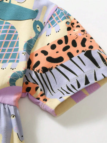 Short Sleeve Cartoon Animal Pattern Casual Comfy European & American Style Beach Princess Dress For Young Girls, 2-7 Years Old Short Sleeve Cartoon Animal Pattern Casual Comfy European & American Style Beach Princess Dress For Young Girls, 2-7 Years Old