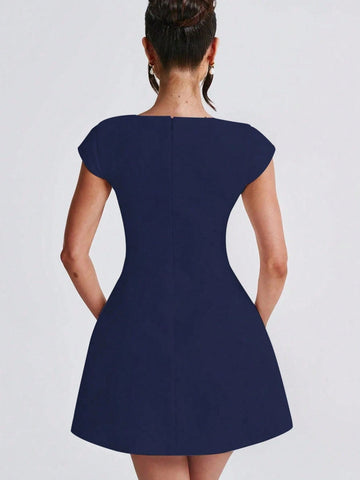 Short Sleeve Square Neck Skater Mini Dress, Autumn Short Sleeve Square Neck Skater Mini Dress, Autumn