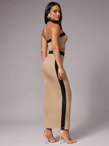 Silquee Women's Elegant Contrast Trim Decor, Solid Camel Color Super Stretchy Knit Material, Sweetheart Neck Backless Top + Mini Skirt 2-Piece Set, Casual Dates, Gatherings, Parties Silquee Women's Elegant Contrast Trim Decor, Solid Camel Color Super Stretchy Knit Material, Sweetheart Neck Backless Top + Mini Skirt 2-Piece Set, Casual Dates, Gatherings, Parties