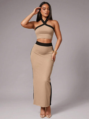 Silquee Women's Elegant Contrast Trim Decor, Solid Camel Color Super Stretchy Knit Material, Sweetheart Neck Backless Top + Mini Skirt 2-Piece Set, Casual Dates, Gatherings, Parties Silquee Women's Elegant Contrast Trim Decor, Solid Camel Color Super Stretchy Knit Material, Sweetheart Neck Backless Top + Mini Skirt 2-Piece Set, Casual Dates, Gatherings, Parties