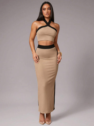 Silquee Women's Elegant Contrast Trim Decor, Solid Camel Color Super Stretchy Knit Material, Sweetheart Neck Backless Top + Mini Skirt 2-Piece Set, Casual Dates, Gatherings, Parties Silquee Women's Elegant Contrast Trim Decor, Solid Camel Color Super Stretchy Knit Material, Sweetheart Neck Backless Top + Mini Skirt 2-Piece Set, Casual Dates, Gatherings, Parties