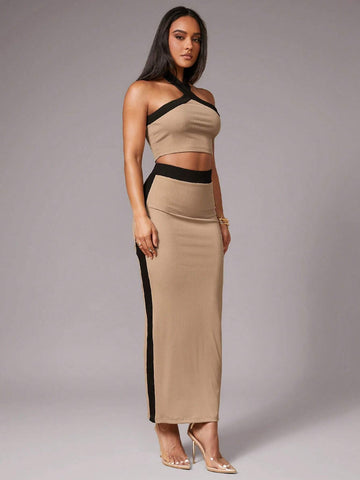 Silquee Women's Elegant Contrast Trim Decor, Solid Camel Color Super Stretchy Knit Material, Sweetheart Neck Backless Top + Mini Skirt 2-Piece Set, Casual Dates, Gatherings, Parties Silquee Women's Elegant Contrast Trim Decor, Solid Camel Color Super Stretchy Knit Material, Sweetheart Neck Backless Top + Mini Skirt 2-Piece Set, Casual Dates, Gatherings, Parties