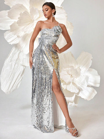 Silver Metallic Asymmetrical Neck Floral Design Slit Maxi Dress Silver Metallic Asymmetrical Neck Floral Design Slit Maxi Dress