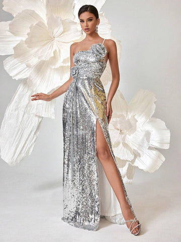 Silver Metallic Asymmetrical Neck Floral Design Slit Maxi Dress Silver Metallic Asymmetrical Neck Floral Design Slit Maxi Dress