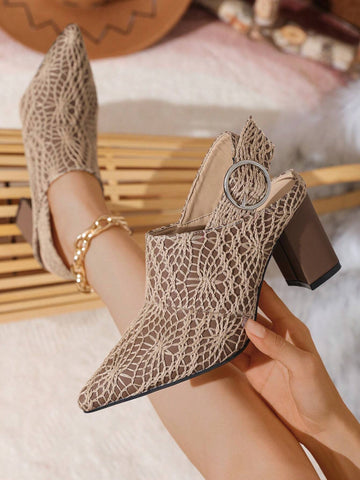 Simple Embroidered Pu Material Pointed Toe Chunky High Heel Shoes With Ankle Strap For Women Simple Embroidered Pu Material Pointed Toe Chunky High Heel Shoes With Ankle Strap For Women
