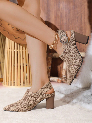 Simple Embroidered Pu Material Pointed Toe Chunky High Heel Shoes With Ankle Strap For Women Simple Embroidered Pu Material Pointed Toe Chunky High Heel Shoes With Ankle Strap For Women