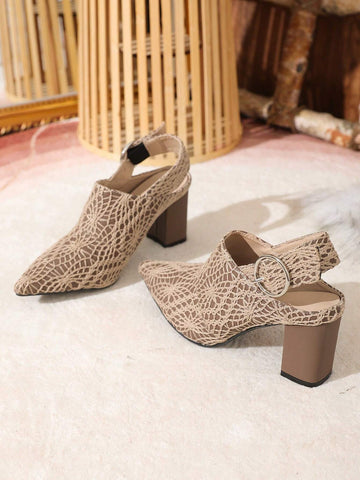 Simple Embroidered Pu Material Pointed Toe Chunky High Heel Shoes With Ankle Strap For Women Simple Embroidered Pu Material Pointed Toe Chunky High Heel Shoes With Ankle Strap For Women