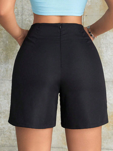Simple High V-Waist Zipper Back Solid Wide Leg Mini Shorts Summer Outdoor Outfit Simple High V-Waist Zipper Back Solid Wide Leg Mini Shorts Summer Outdoor Outfit