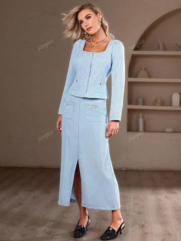 Simplee Women's Urban Chic Tweed Long Sleeve Top & Mini Skirt Set, Party Dress Simplee Women's Urban Chic Tweed Long Sleeve Top & Mini Skirt Set, Party Dress