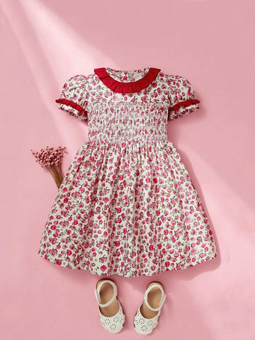 Single Piece Girls" Floral Dress With Ruffled Collar And Puffy Sleeves For Summer Single Piece Girls" Floral Dress With Ruffled Collar And Puffy Sleeves For Summer