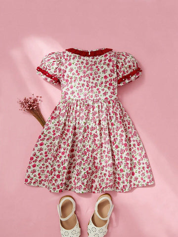 Single Piece Girls" Floral Dress With Ruffled Collar And Puffy Sleeves For Summer Single Piece Girls" Floral Dress With Ruffled Collar And Puffy Sleeves For Summer