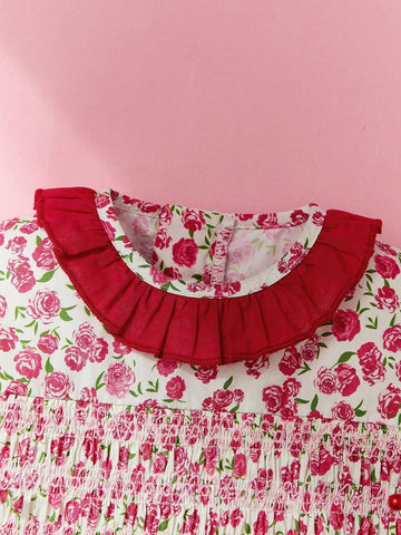 Single Piece Girls" Floral Dress With Ruffled Collar And Puffy Sleeves For Summer Single Piece Girls" Floral Dress With Ruffled Collar And Puffy Sleeves For Summer