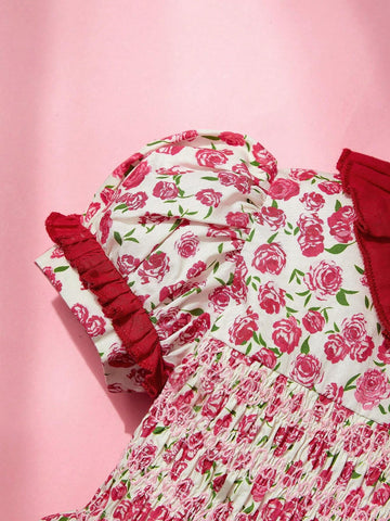Single Piece Girls" Floral Dress With Ruffled Collar And Puffy Sleeves For Summer Single Piece Girls" Floral Dress With Ruffled Collar And Puffy Sleeves For Summer