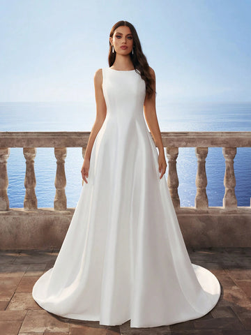 Sleeveless Elegant Minimal Glossy Satin Backless Long Dress With Small Train, White Wedding Dress Sleeveless Elegant Minimal Glossy Satin Backless Long Dress With Small Train, White Wedding Dress