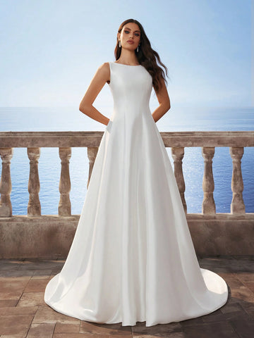 Sleeveless Elegant Minimal Glossy Satin Backless Long Dress With Small Train, White Wedding Dress Sleeveless Elegant Minimal Glossy Satin Backless Long Dress With Small Train, White Wedding Dress