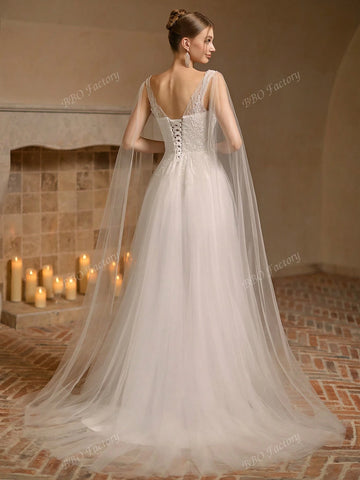 Sleeveless Elegant Wedding Dress With Solid Color Embroidery Applique Mesh Tulle Ball Gown Sleeveless Elegant Wedding Dress With Solid Color Embroidery Applique Mesh Tulle Ball Gown