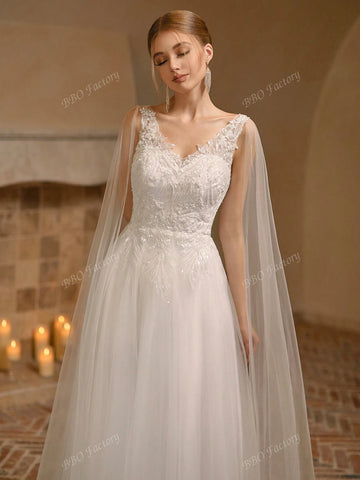 Sleeveless Elegant Wedding Dress With Solid Color Embroidery Applique Mesh Tulle Ball Gown Sleeveless Elegant Wedding Dress With Solid Color Embroidery Applique Mesh Tulle Ball Gown