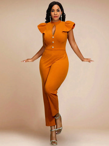 Sleeveless Hollow Half-Turtleneck Casual Jumpsuit, Brown, Elegant Sleeveless Hollow Half-Turtleneck Casual Jumpsuit, Brown, Elegant