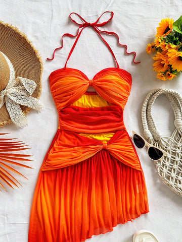 Soleia Vacation Romantic Sunset Ombre Halter Neck Bow Cutout Ruched Mesh Mini Dress, Beach Outfit Soleia Vacation Romantic Sunset Ombre Halter Neck Bow Cutout Ruched Mesh Mini Dress, Beach Outfit