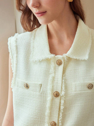 Solid Button Front Sleeveless Shirt For Dailywear Solid Button Front Sleeveless Shirt For Dailywear