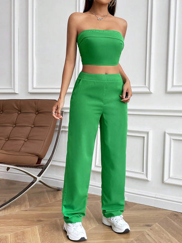 Solid Color Cropped Strapless Top And Slanted Pocket Pants Set Solid Color Cropped Strapless Top And Slanted Pocket Pants Set